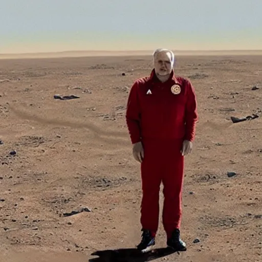 Prompt: realistic photo of alexander lukashenko standing on the surface of mars in tracksuit