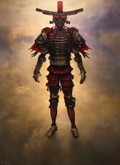 Prompt: portrait of a diabolical cyborg clown samurai armed armor, torn cape, dynamic pose, glowing eyes, ancient ruins, glowing veins subsurface scattering, in clouds, sunset, portrait, by gerald brom, by mikhail vrubel, by peter elson, muted colors, extreme detail, reflections, trending on artstation, 8 k