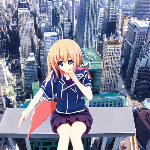 Image similar to Key Anime Visual a macro anime girl sitting on a miniature manhattan, official modern anime