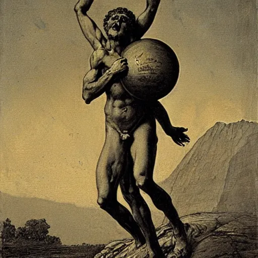 Prompt: a painting by Gustave Doré of atlas holding the earth on his back