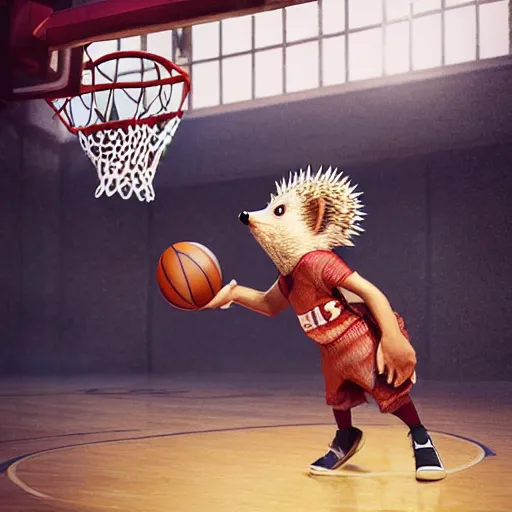 Prompt: hedgehog dressed as a basketball player plays basketball by greg rutkowski and thomas kinkade, trending on artstation, 3 d render octane