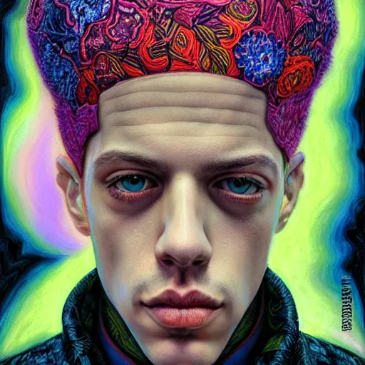 Image similar to portrait of pete davidson, hyper detailed masterpiece, neon floral pattern, jean giraud, digital art painting, darkwave goth aesthetic, psychedelic, artgerm, donato giancola and tom bagshaw