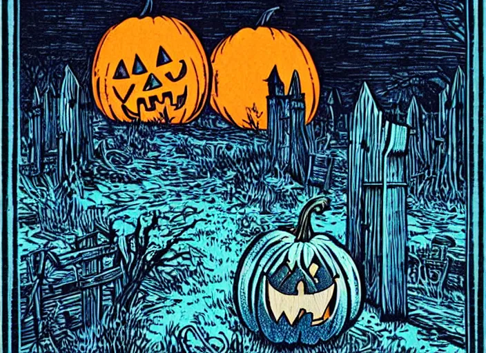 Image similar to blue woodcut print, cartoon halloween pumpkin in graveyard at midnight by greg rutkowski, fine details, highly detailed