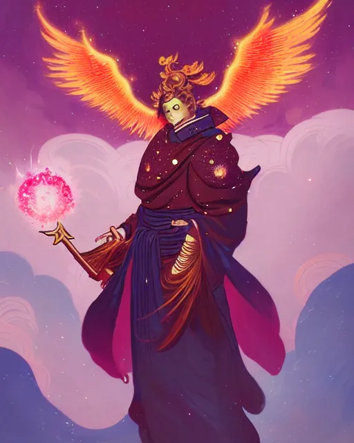 Prompt: a character portrait of only one male angel samurai with golden fiery wings, surrounded with spiriling sparkling rose crystals and galaxies, by peter mohrbacher, hyper light drifter, ukiyo - e trending on artstation