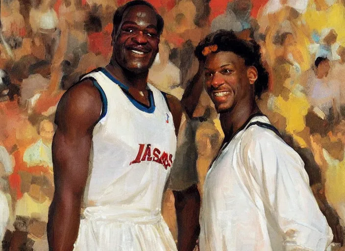 Prompt: a highly detailed beautiful portrait of shaq wearing a maid costume, by gregory manchess, james gurney, james jean