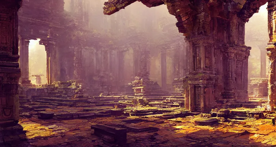 Image similar to ancient temple ruins interior, intricate, elegant, vivid colors, highly detailed, john park, craig mullins, sparth, ruan jia, jeffrey catherine jones