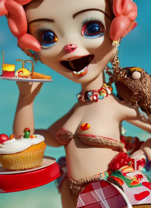 Prompt: closeup of a tin toy bikini girl eating cakes, depth of field, zeiss lens, detailed, symmetrical, centered, fashion photoshoot, by nicoletta ceccoli, mark ryden, lostfish, earl nore, hyung tae, frank frazetta, breathtaking, 8 k resolution, extremely detailed, beautiful, establishing shot, artistic, hyperrealistic, octane render