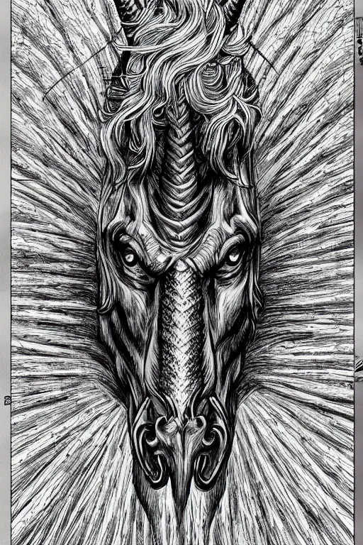 Image similar to evil unicorn, symmetrical, highly detailed, digital art, sharp focus, trending on art station, kentaro miura manga art style