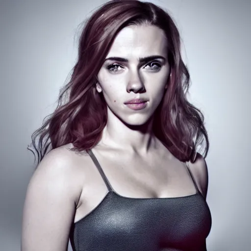 Image similar to a woman who is a genetic combination of scarlett johansson and emma watson face and upper - body focus