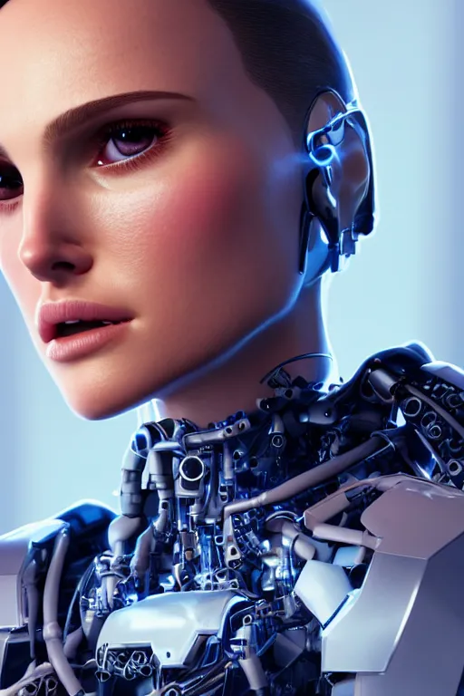 Prompt: close up headshot of Natalie Portman as a female android, intricately detailed mechanical parts, complicated circuits and wires, beautiful gazing symmetric blues eyes, unreal engine, path tracing, 8k, artstation, 3/4 profile