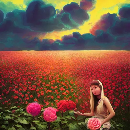 Image similar to giant rose flower as a head, full body girl sitting in a flower field, surreal photography, sunrise, dramatic light, impressionist painting, colorful clouds, digital painting, artstation, simon stalenhag