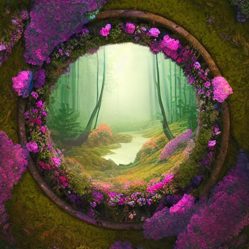 Image similar to a painting of a forest with flowers inside a circle, digital art by mike winkelmann, shutterstock contest winner, fantasy art, mystical, reimagined by industrial light and magic, enchanting