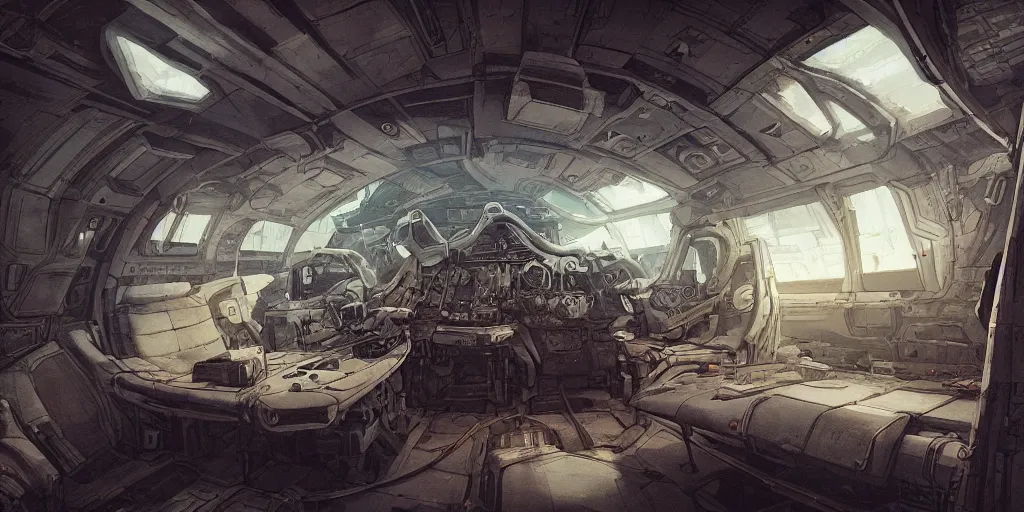 Image similar to Medieval spaceship interior, kim jung gi style, Greg Rutkowski, Zabrocki, Karlkka, Jayison Devadas, trending on Artstation, 8K, ultra wide angle, zenith view, pincushion lens effect