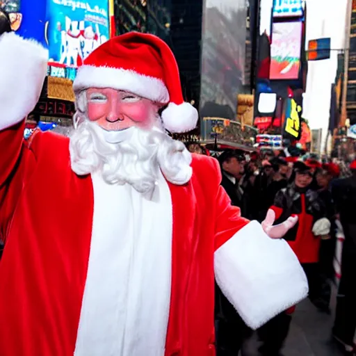 Prompt: Donald Trump dressed as Santa Claus in Time Square, New York