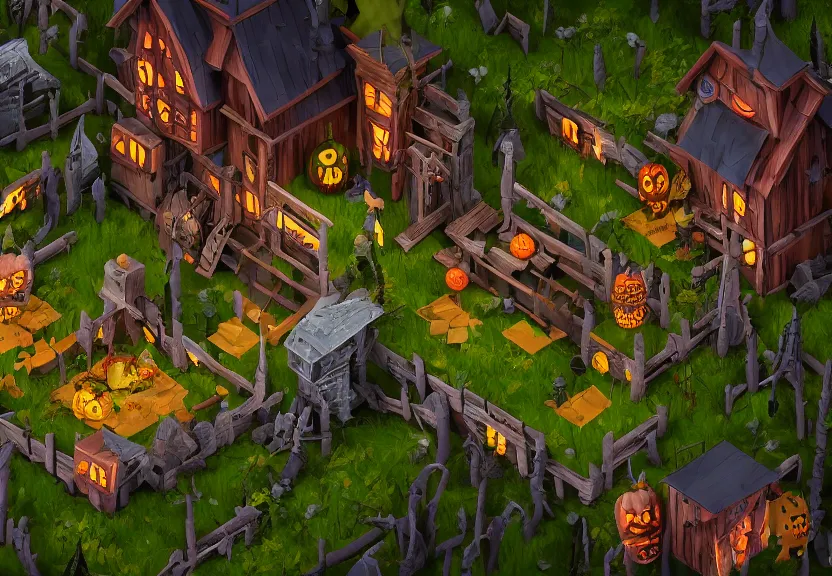 Prompt: evil forest halloween themed isometric game level, with detailed wood, toon shader, arnold maya render, artstation by miha rinne