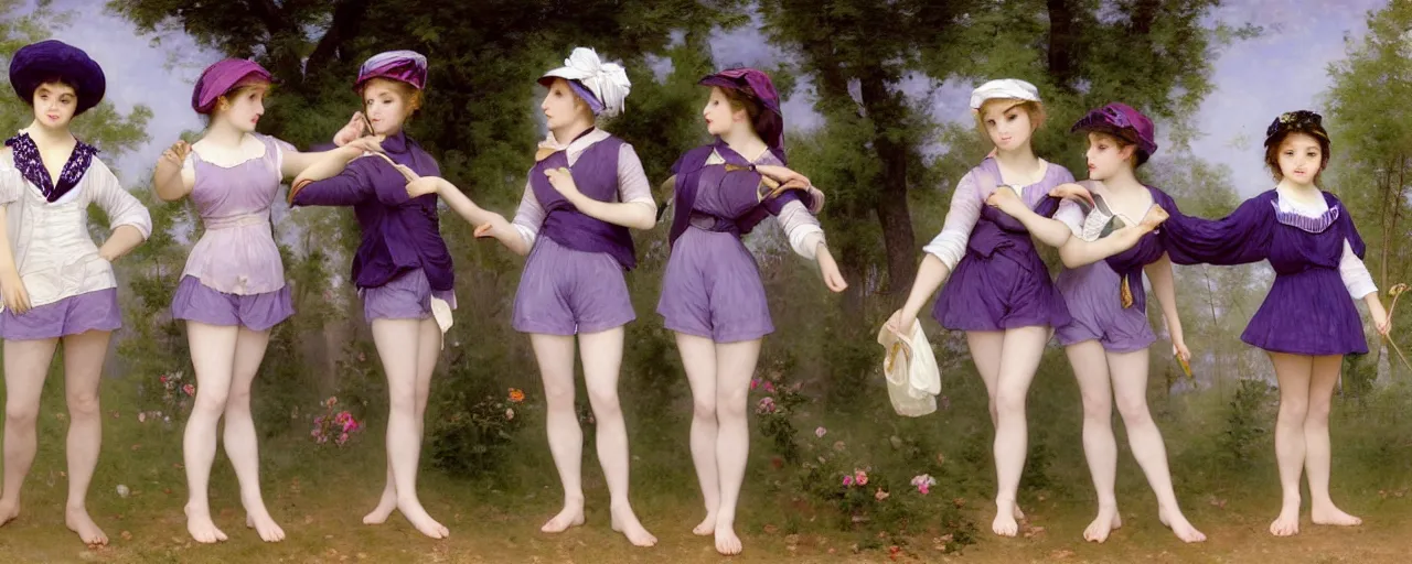 Image similar to A character sheet of full body cute magical girls with short blond hair wearing an oversized purple Beret, Baggy Purple overall shorts, Short Puffy pants made of silk, pointy jester shoes, a big billowy scarf, Golden Ribbon, and white leggings Covered in stars. Short Hair. Sunlit. Haute Couture. Art by william-adolphe bouguereau and Paul Delaroche and Alexandre Cabanel and Lawrence Alma-Tadema and Johannes Helgeson. Smooth. Elegant. Highly Detailed. Intricate. 4K. UHD. Denoise.