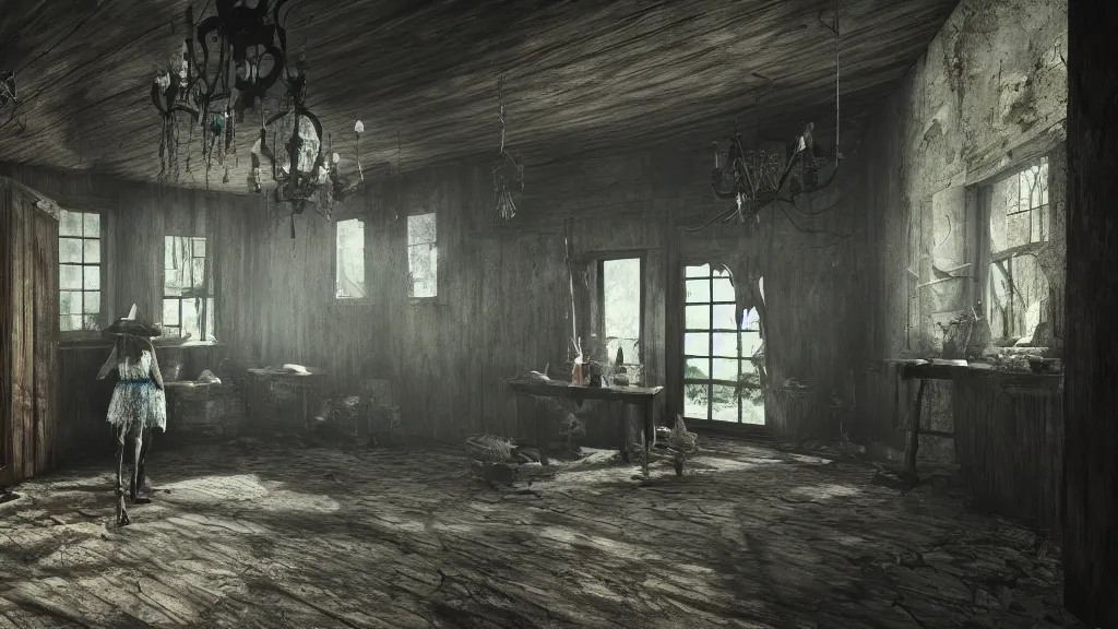 Image similar to A scary witch in the shadows of a dark decrepit cottage, highly detailed interior, hyperrealistic, Lumion 8k UHD