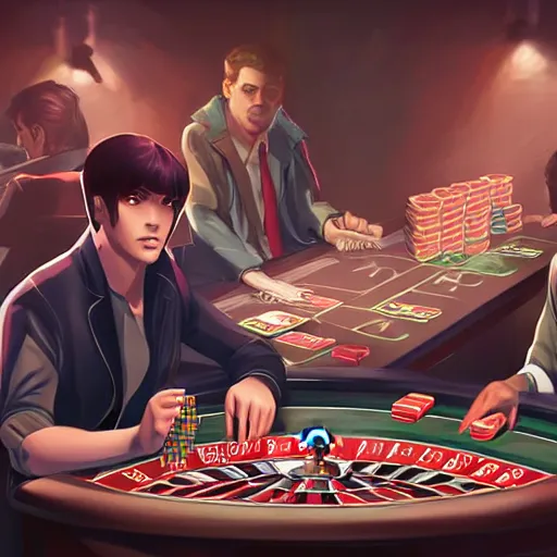 Prompt: sharp looking young man sitting at a gambling table, predatory, artstation, comic book art