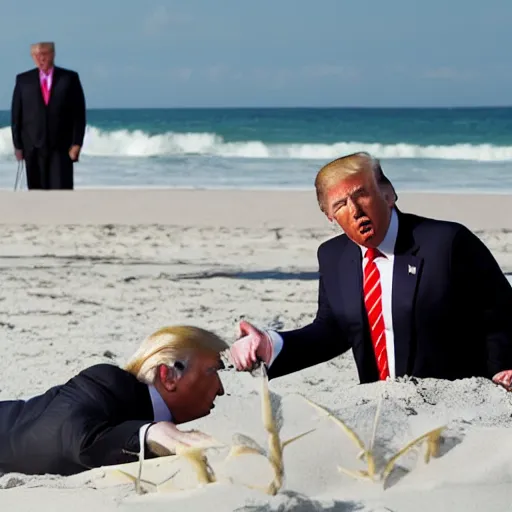 Prompt: trump and putin laying on the beach drinking cocktails