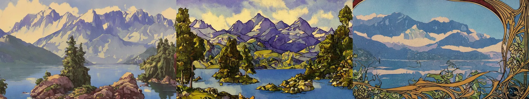Prompt: lakeside mountains, art nouveau