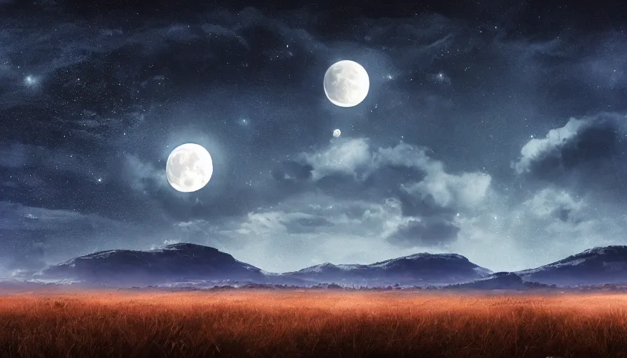 Image similar to a beautiful landscape at night, big moon on the right, stars in the sky, matte painting, dark blue tones, high contrast, intricate details, concept art, 4 k