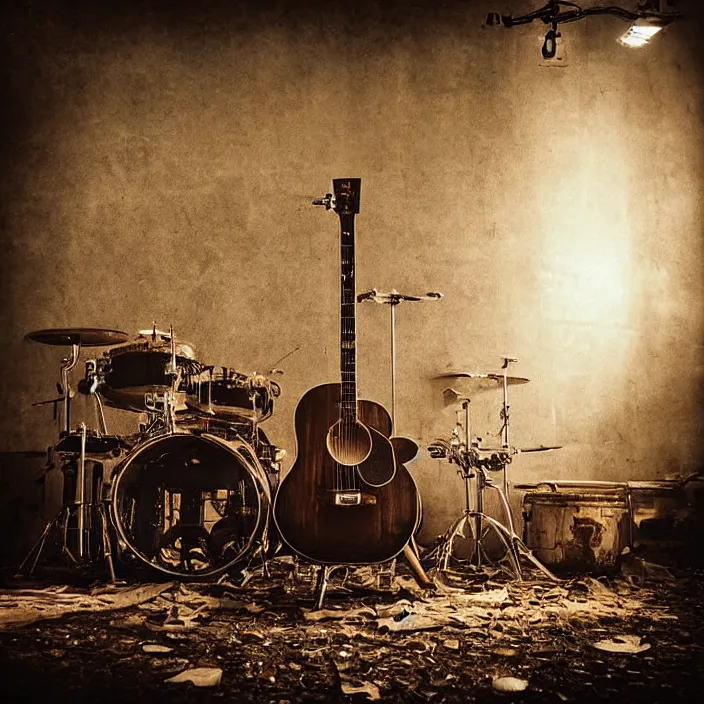 Image similar to “Broken Steampunk guitar, keyboard and drums in abandoned factory. Minimalistic. Cinematic lighting. Old torn photograph. Fisheye lens.”