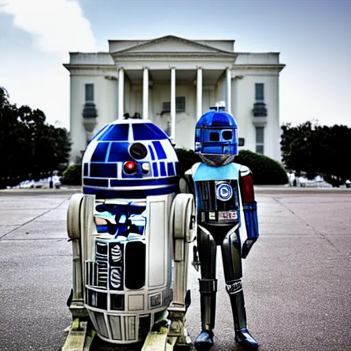 Image similar to portrait of r 2 - d 2 and c 3 p 0 in front of the whitehouse