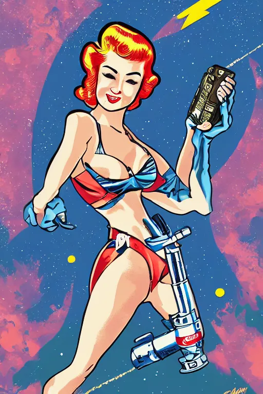 Image similar to old school, traditional style flashes of pinup girl in space holding a lazer pistol by sailor jerry, marina goncharova, vic james, electric martina, heath clifford, filip henningsson, kimi vera
