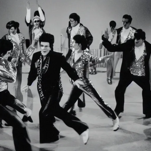 Prompt: black and white photograph of elvis dancing surrounded by teal aliens