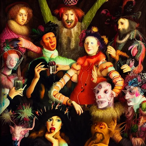 Image similar to young people in a fancy nightclub dancing and drinking, partylights, great colors, in the style of giuseppe arcimboldo, trending on artstation