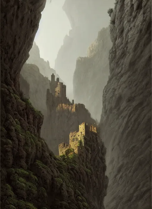 Prompt: a massive medieval castle on a cliff side above a canyon, by zdzislaw beksinski, by josip csoor, portrait, photorealistic, volumetric lighting, horror, detailed, intricate, elden ring, raytrace, octane, cgscociety,