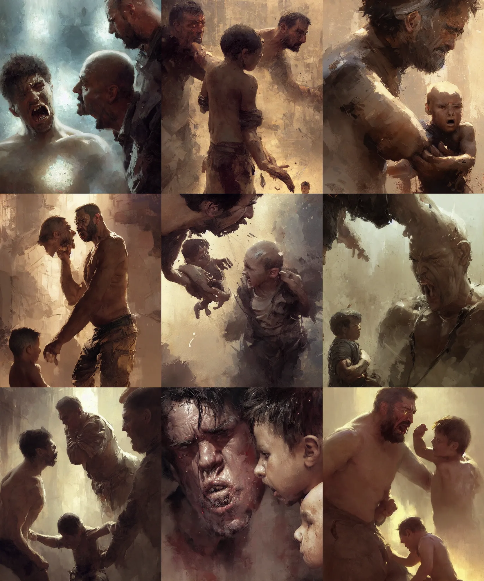 Prompt: digital art painting of a violent, harsh father scolding and beating his kid, innocent son painted by craig mullins and gaston bussiere and greg rutkowski, symmetrical face, defined facial features, symmetrical facial features, dramatic lighting, close up
