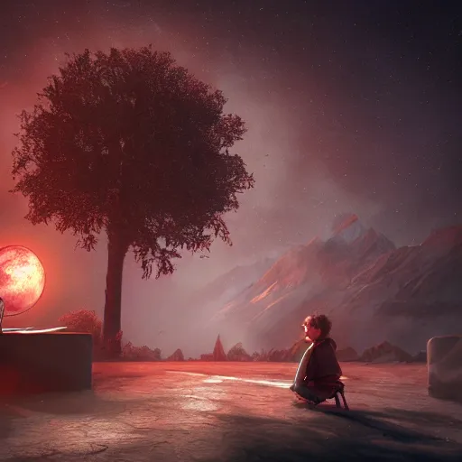 Prompt: gustavo cerati playing on the red moon, digital art, highly detailed, render unreal engine