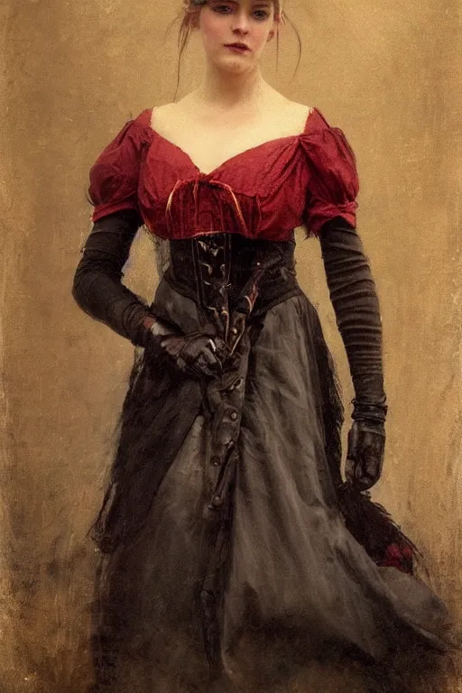 Prompt: Solomon Joseph Solomon and Richard Schmid and Jeremy Lipking victorian genre painting full length portrait painting of a young beautiful woman wearing gloves traditional german french actress model pirate wench in fantasy costume, red background