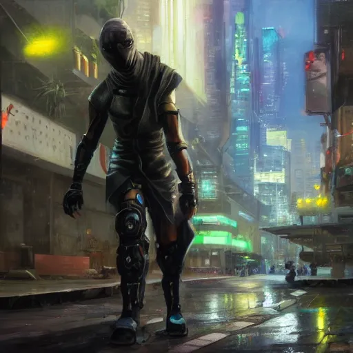 Image similar to Futuristic ninja on a road in a cyberpunk city. by Daniel F. Gerhartz, hyperrealistic oil painting, 4k, studio lightning