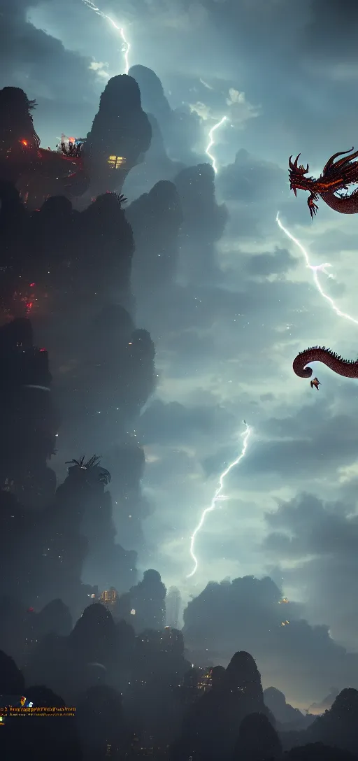 Image similar to vietnamese dragon flying above hanoi city, concept art, moody lightning, amazing composition, high details, octane render, unreal engine