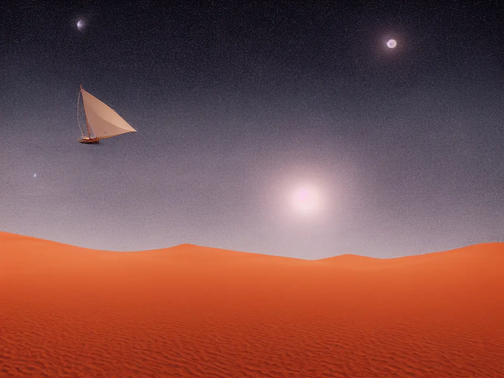 Image similar to cinematic, film grain, photography, epic composition, realistic, 3 5 mm, a small sailboat sailing in the a sandstorm, in the sahara desert, midnight, starry sky, shooting stars, octane rendering, 8 k, epic lighting