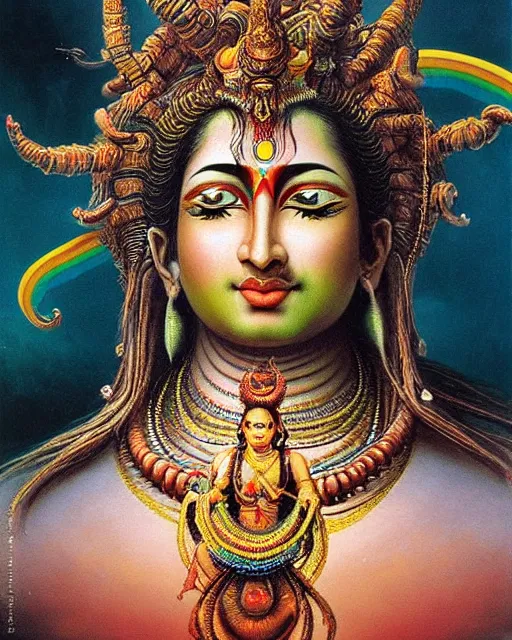 Image similar to One many-armed Shiva. Background in the colors of the rainbow. Drops of blood. High detail, hyperrealism, masterpiece, close-up, ceremonial portrait, solo, rich deep colors, realistic, art by Yoshitaka Amano, Ivan Aivazovsky, Giger