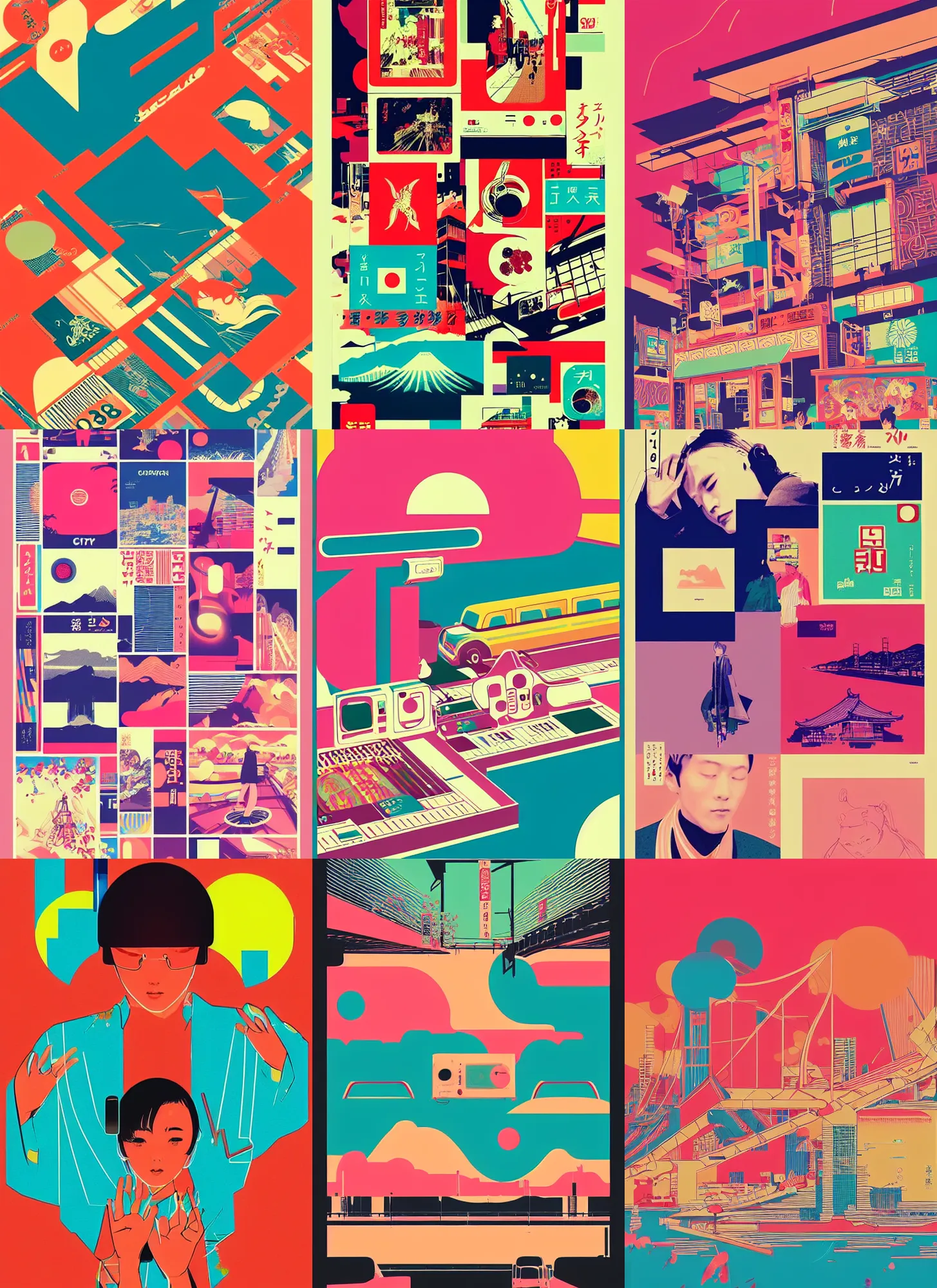 Prompt: beautiful illustration of layout of japanese pop art, city pop, frame, acid, modular synth, music, chillhop, obi strip, poster, 8 0 s, album art, trendy typography, lo - fi, logo, landscape, pinterest, dribble, influenced by retro and vintage, artstation, 8 k, user interface, underground, syd mead, moebius