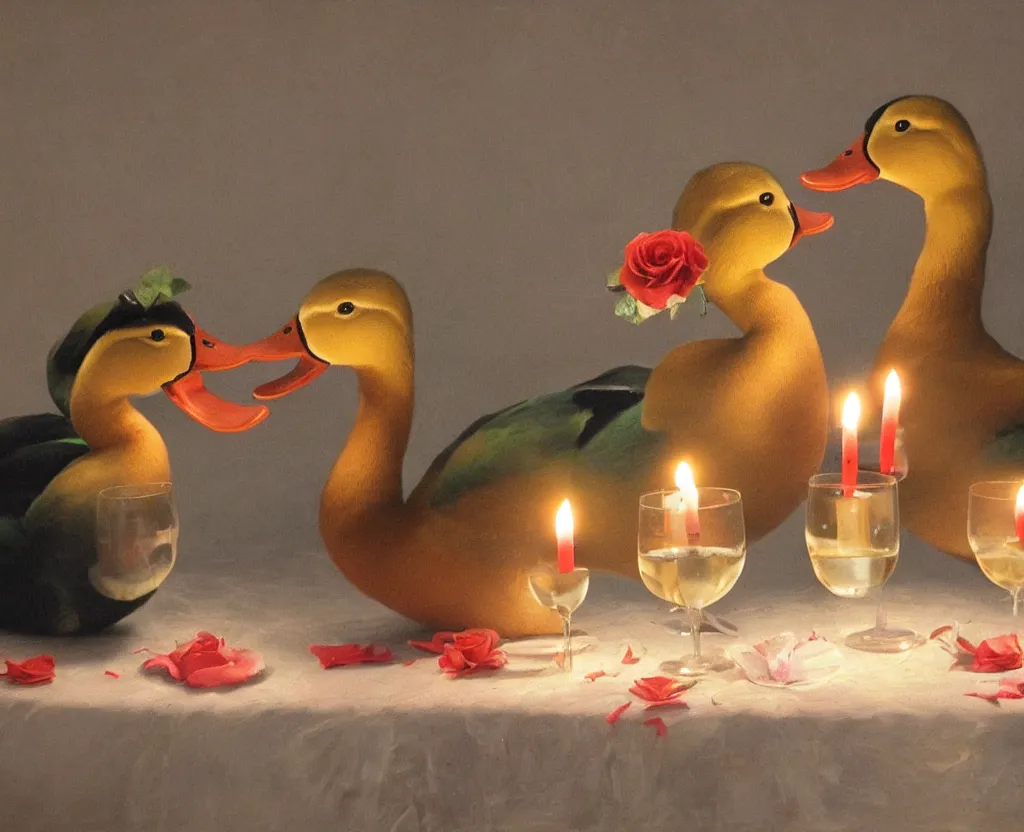 Prompt: two ducks with funny hats on their heads having a romantic dinner with candles champagne petals roses, hyperrealistic, focused, extreme details, masterpiece, 8 k, ultrahd, hd resolution