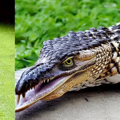 Image similar to hawk and crocodile morphed together, half crocodile, half hawk, real picture taken in zoo, realistic hawk proportions, head of crocodile is seamlessly merged with hawk