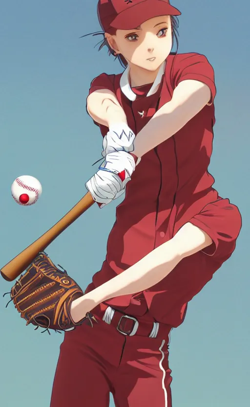 Image similar to anime style, female baseball player, red sport clothing, baseball stadium, launching a straight ball, brown short hair, hair down, symmetrical facial features, from arknights, hyper realistic, rule of thirds, extreme detail, 4 k drawing, safebooru, realistic lighting, by alphonse mucha, greg rutkowski, sharp focus, backlit