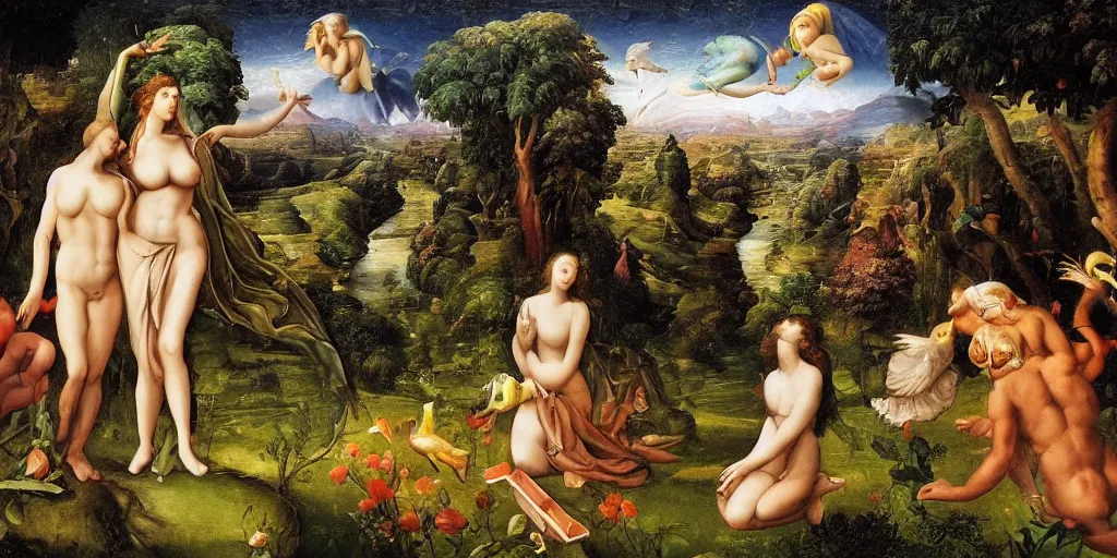 Prompt: allegorical painting of the garden of eden, ignorance is bliss, concealed meaning, secret meaning, dissimulation, ephemeral, lively, fragile, carpe diem, enjoying life, rule of thirds, golden ratio, high quality high resolution surreal otherworldly wallpaper