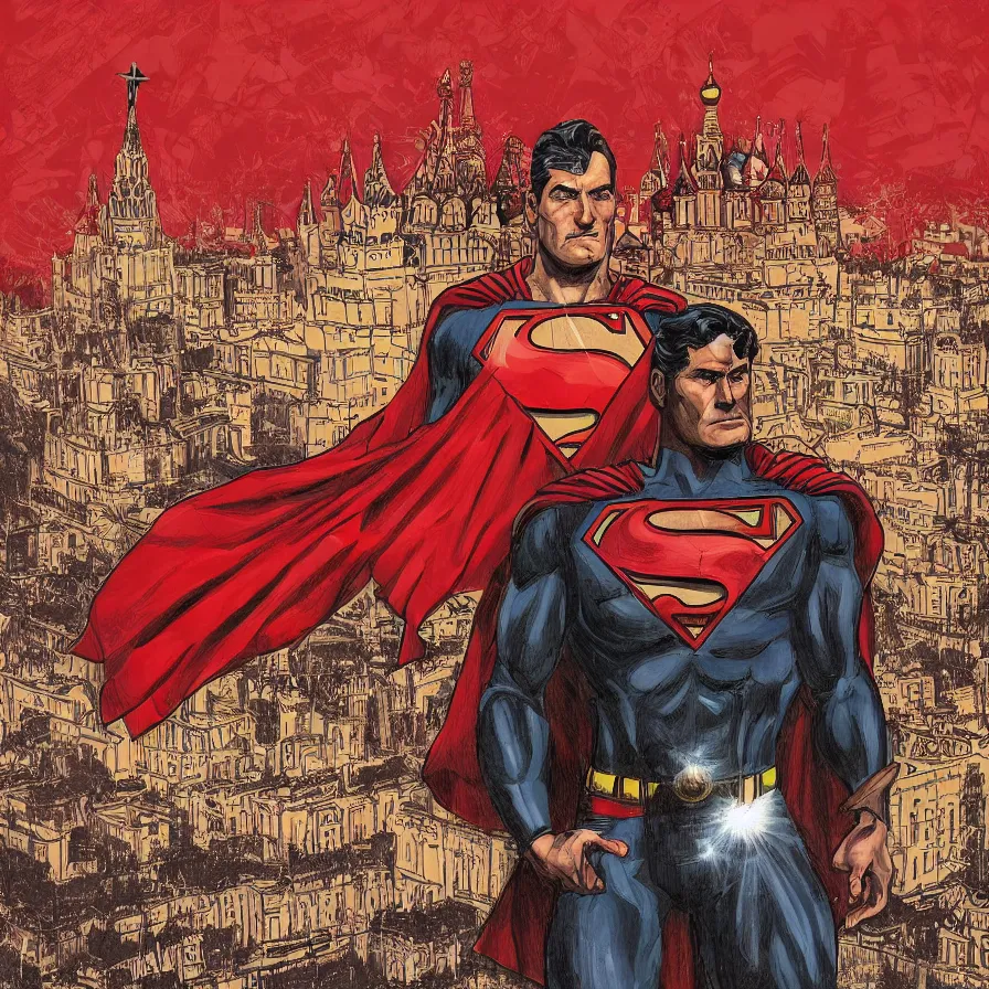 Prompt: epic comic book cover of stalin as superman floating over the red square ( moscow ), posing, waving, ostalgie, socialist realism, soviet nostalgia, sovietwave, photorealistic, intricate digital art, trending artstation, artgem, rich moody colors, fan art, concept art, in the style of the red son, by cory walker and ryan ottley