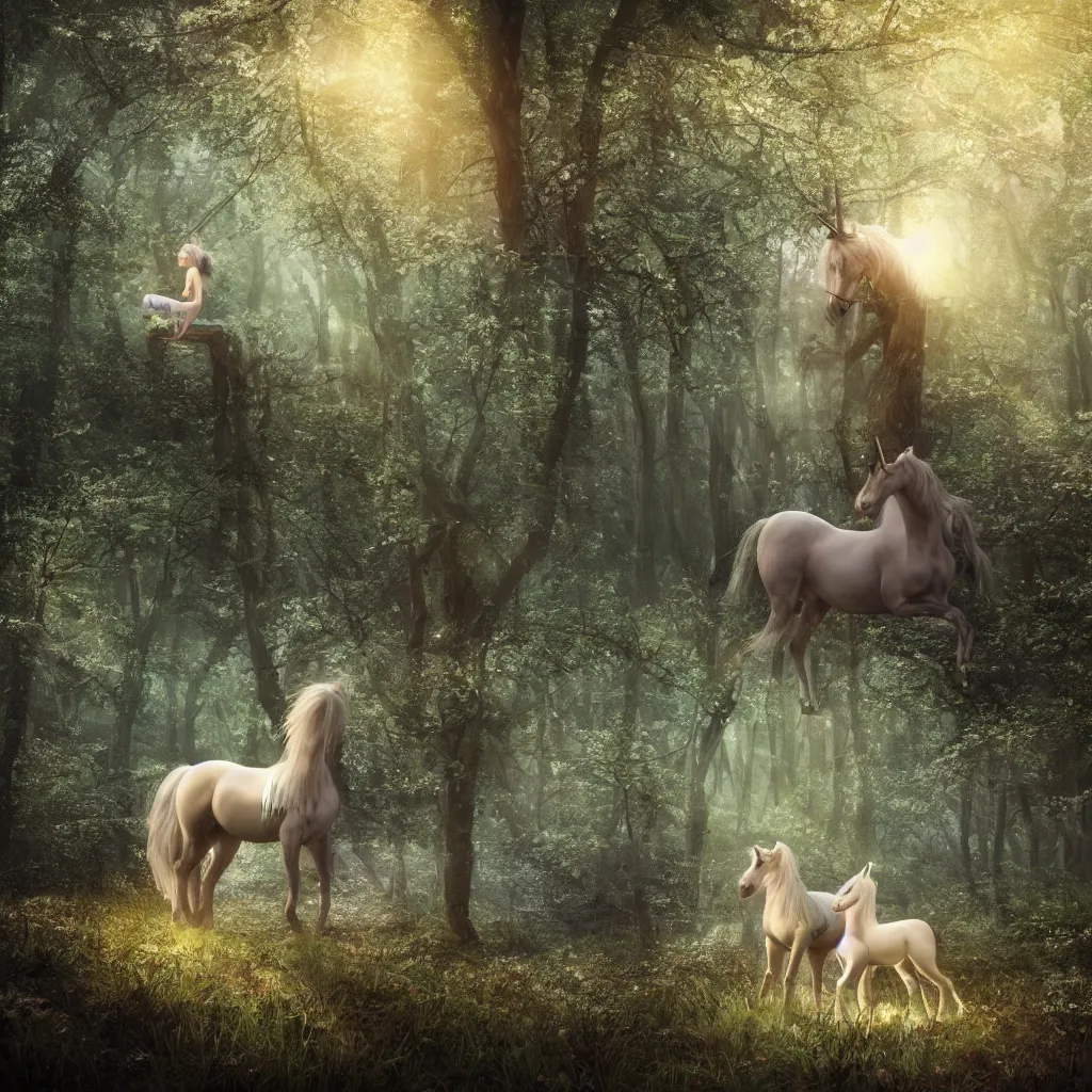 Prompt: beautiful scene render of a beautiful girl and unicorn in the woods, sparkling, perfectly shaded, atmospheric lighting, hyper detailed, 8 k