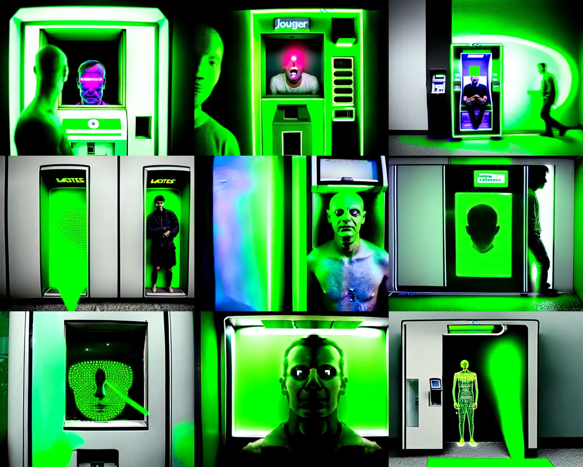 Prompt: photo of a man trapped inside of an atm machine that has many green lasers pointing at it located in a dark concrete room, wide shot, the laser illuminate the face of the trapped person inside the atm machine, in the style of juergen teller