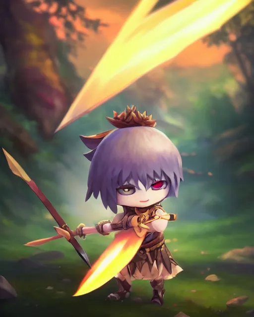 Image similar to oil painting of a cute chibi MapleStory warrior,, attacking, casting a spell with a spear, wearing a MapleStory warrior outfit, sharp focus, fantasy style, octane render, volumetric lighting, 8k high definition, by greg rutkowski, highly detailed, trending on artstation, magic the gathering artwork, Perion background from MapleStory, centered