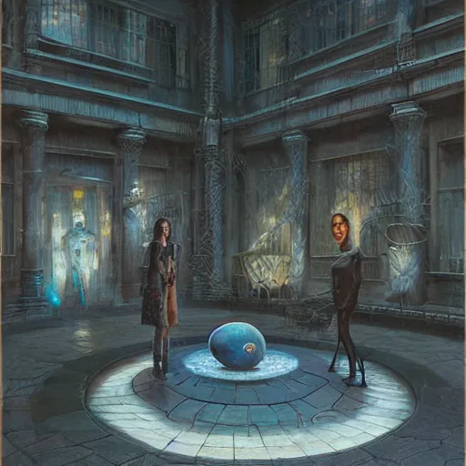 Image similar to detailed face of a woman with obsidian eyes in a architectonic courtyard with dna sculptures at a science expo, atmospheric, ambient, pj crook, syd mead, livia prima, artgerm, greg rutkowski, nick alm, casey baugh