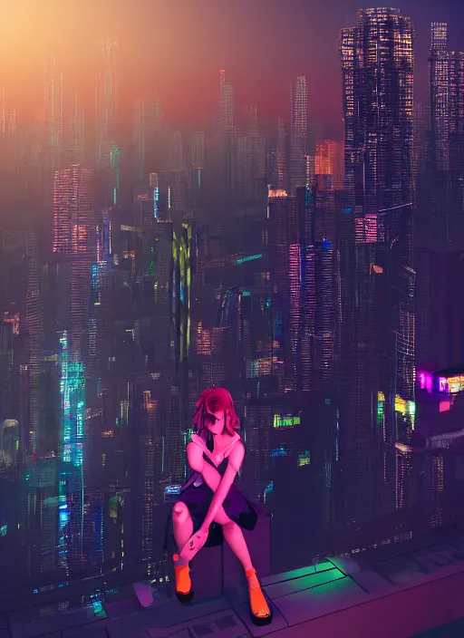 Prompt: a girl, sitting on the edge of a skyscraper, looking at the cyberpunk city skyline at night, lit by bright neon futuristic lights, hyperdetailed, 8 k, artstation, matte painting