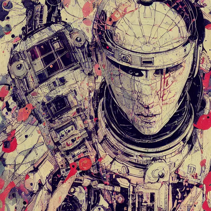 Prompt: a beautiful ukiyo painting of cyberpunk space pilot, wearing space techwear, detailed symmetrical close up portrait, intricate complexity, concept art, by takato yamamoto and conrad roset and jean dubuffet and daniel johnston and giacometti, wlop, artgem, krenz cushart. cinematic dramatic atmosphere, sharp focus, award winning